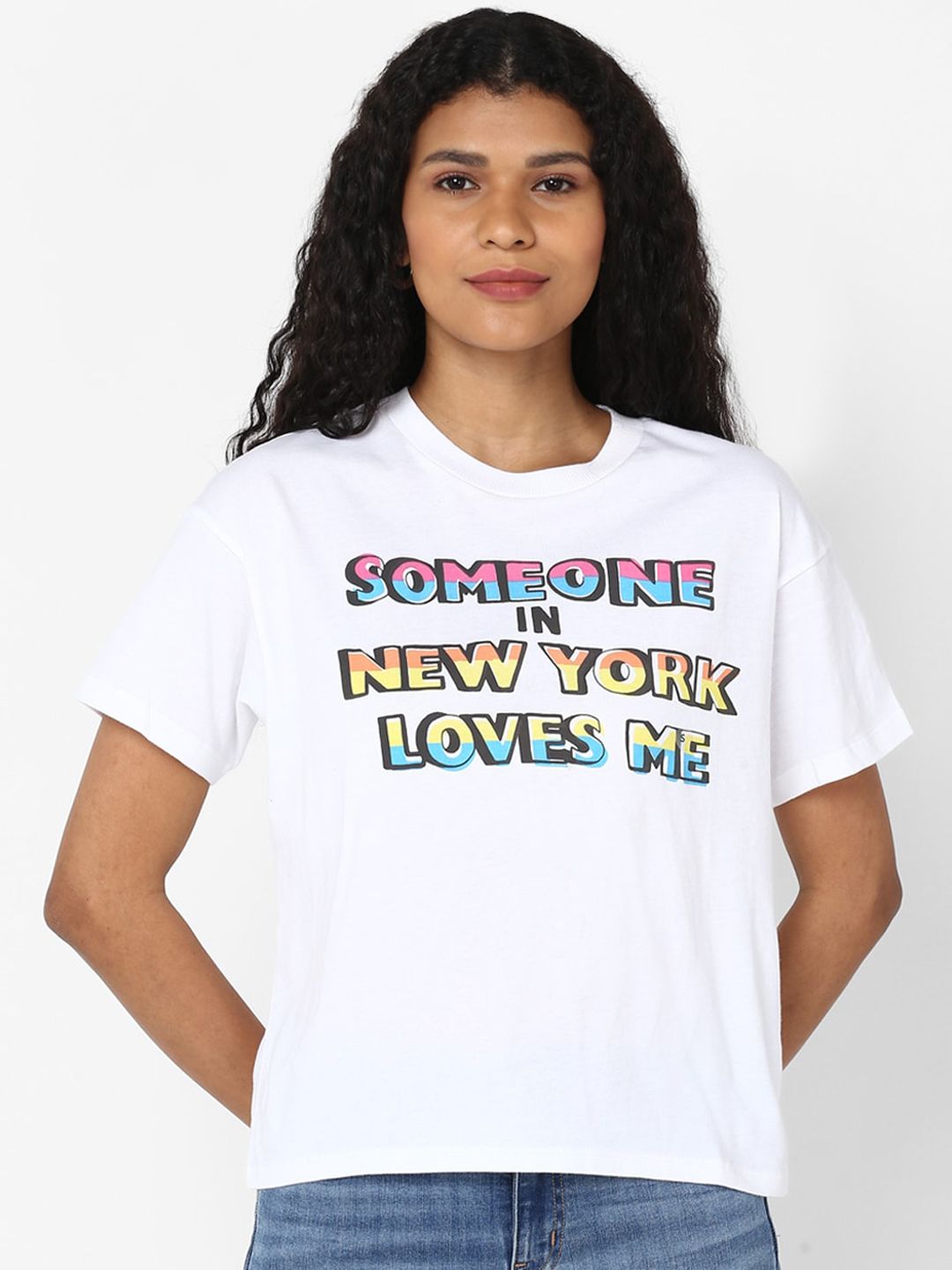 Women White & Yellow Printed Round Neck T-shirt