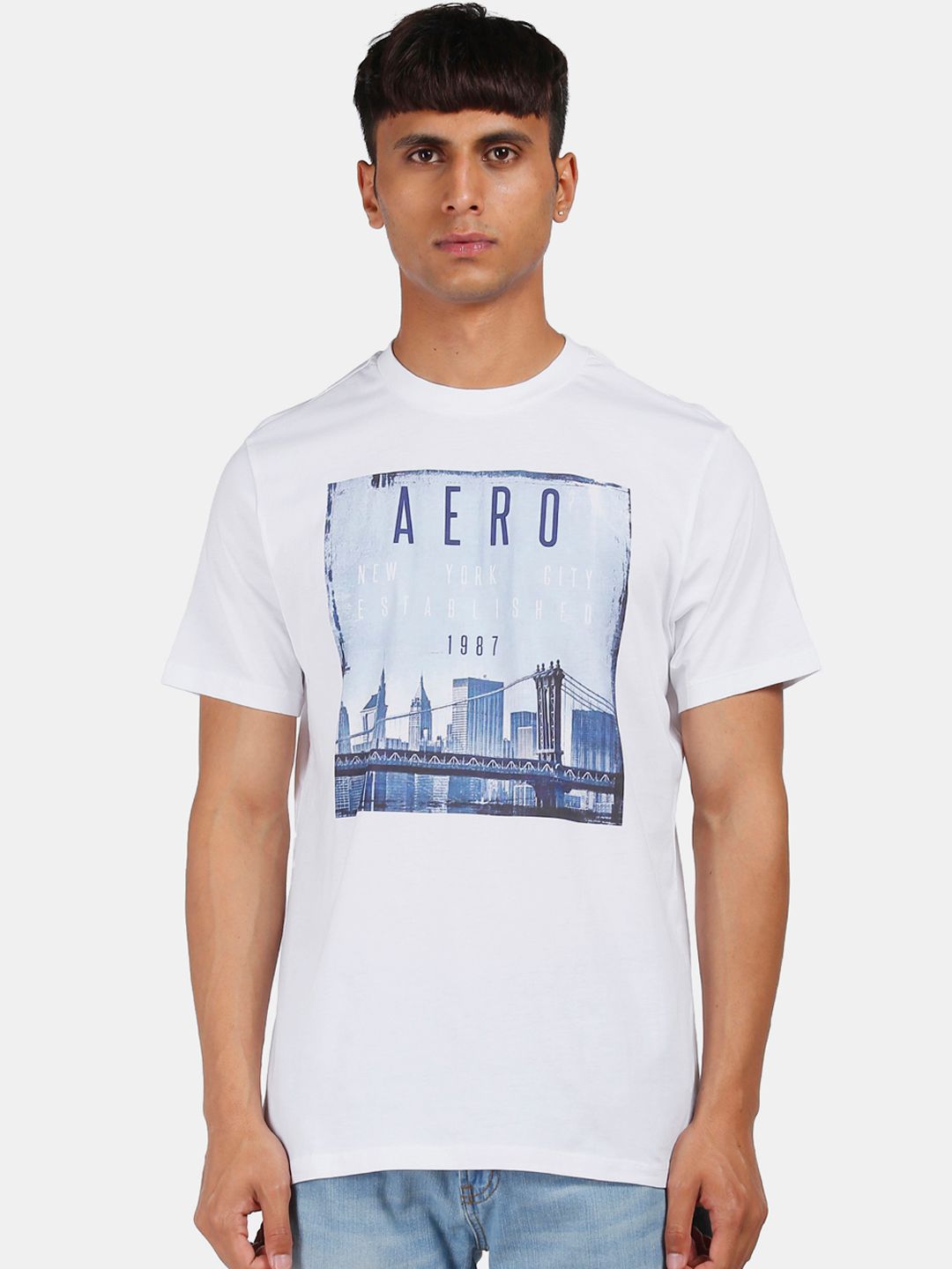 Men White Printed Round Neck Pure Cotton T-shirt
