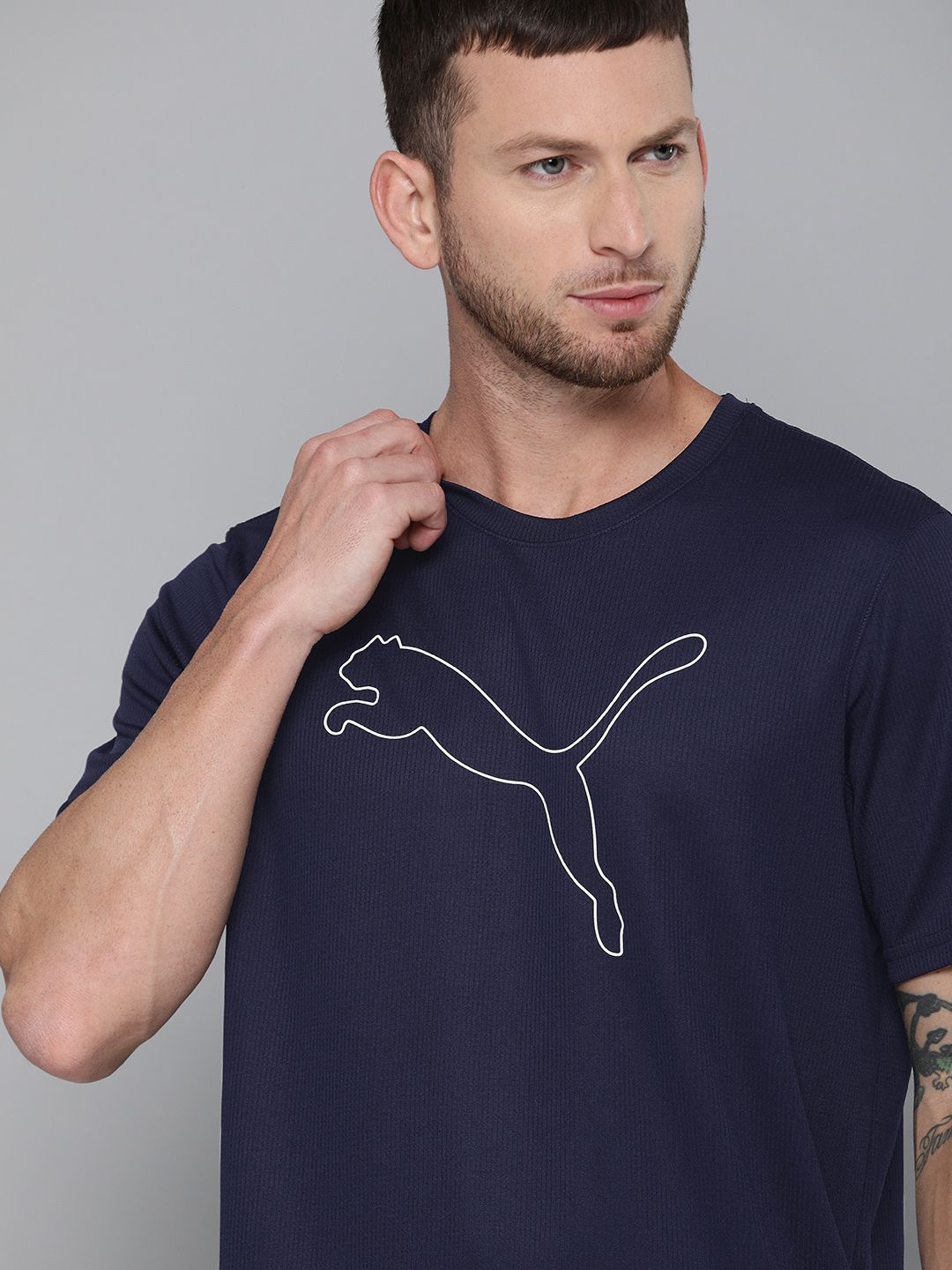 Men Navy Blue & White Performance Cat Printed dryCELL Round Neck T-shirt
