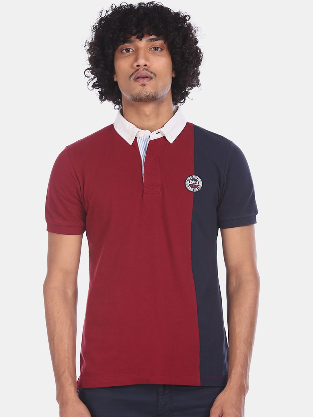 Men Red Solid Mandarin Collar T-shirt