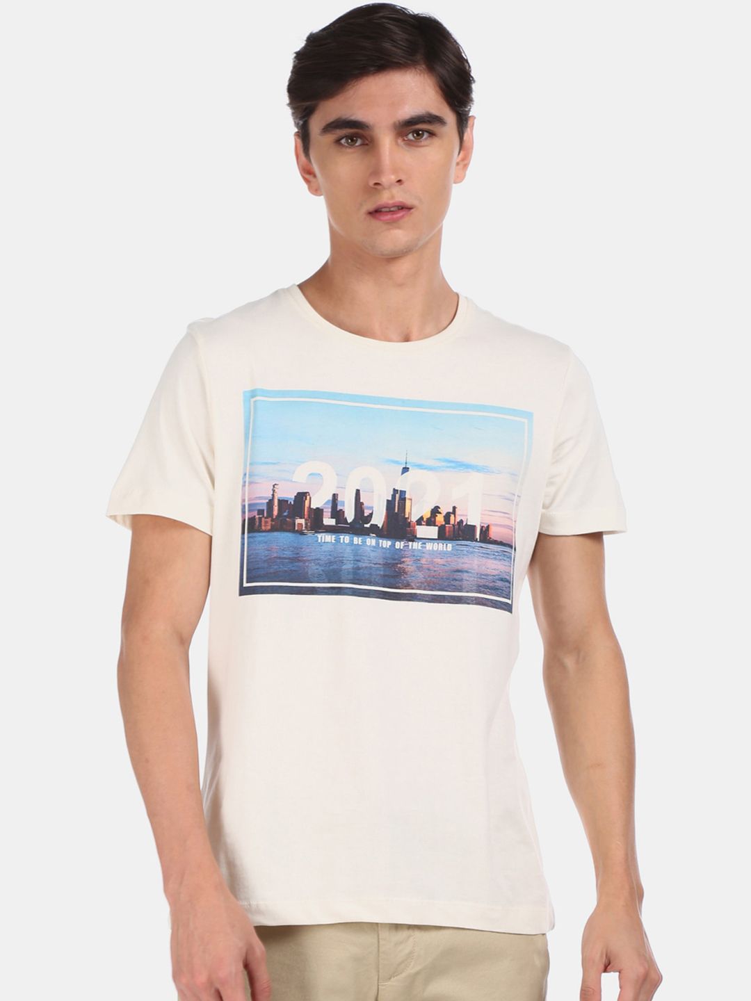 Men Beige Printed Round Neck Pure Cotton T-shirt