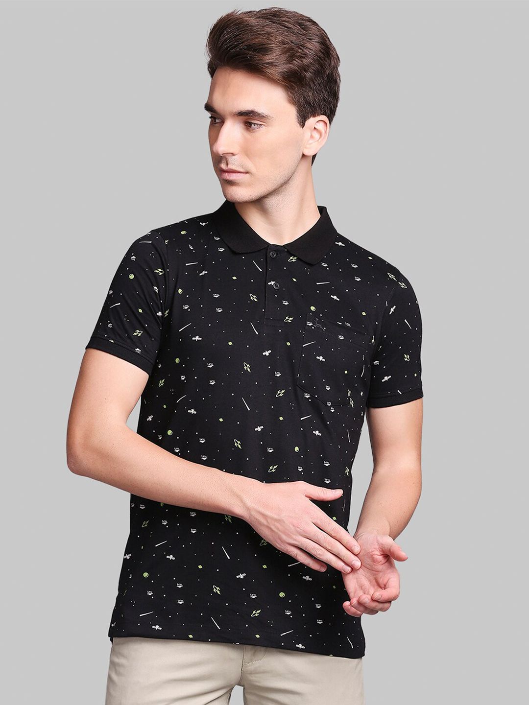 Men Black Printed Polo Collar T-shirt
