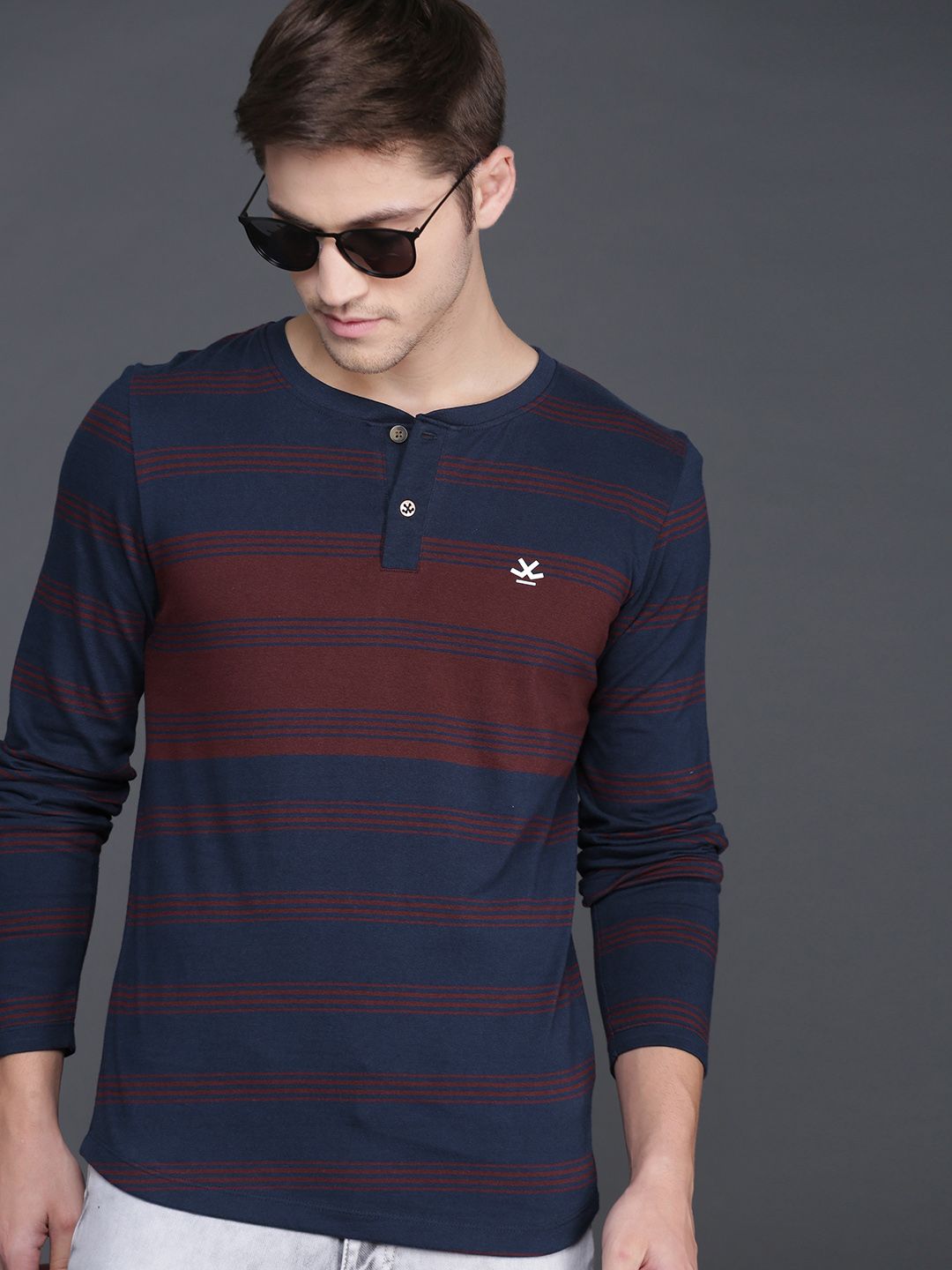 Men Navy Blue Striped Henley Neck T-shirt
