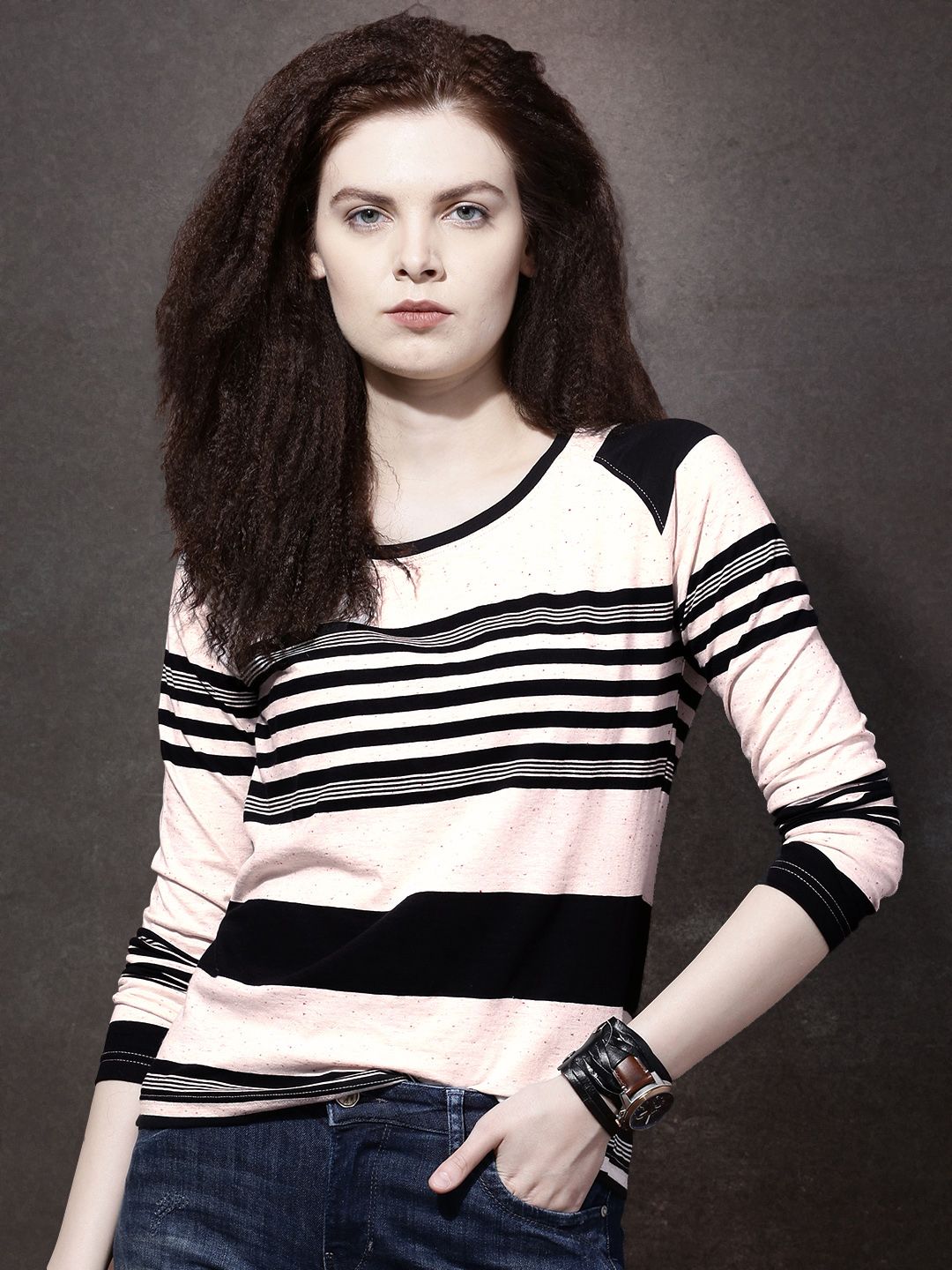 Off-White  Black Striped Speckled Pure Cotton T-shirt
